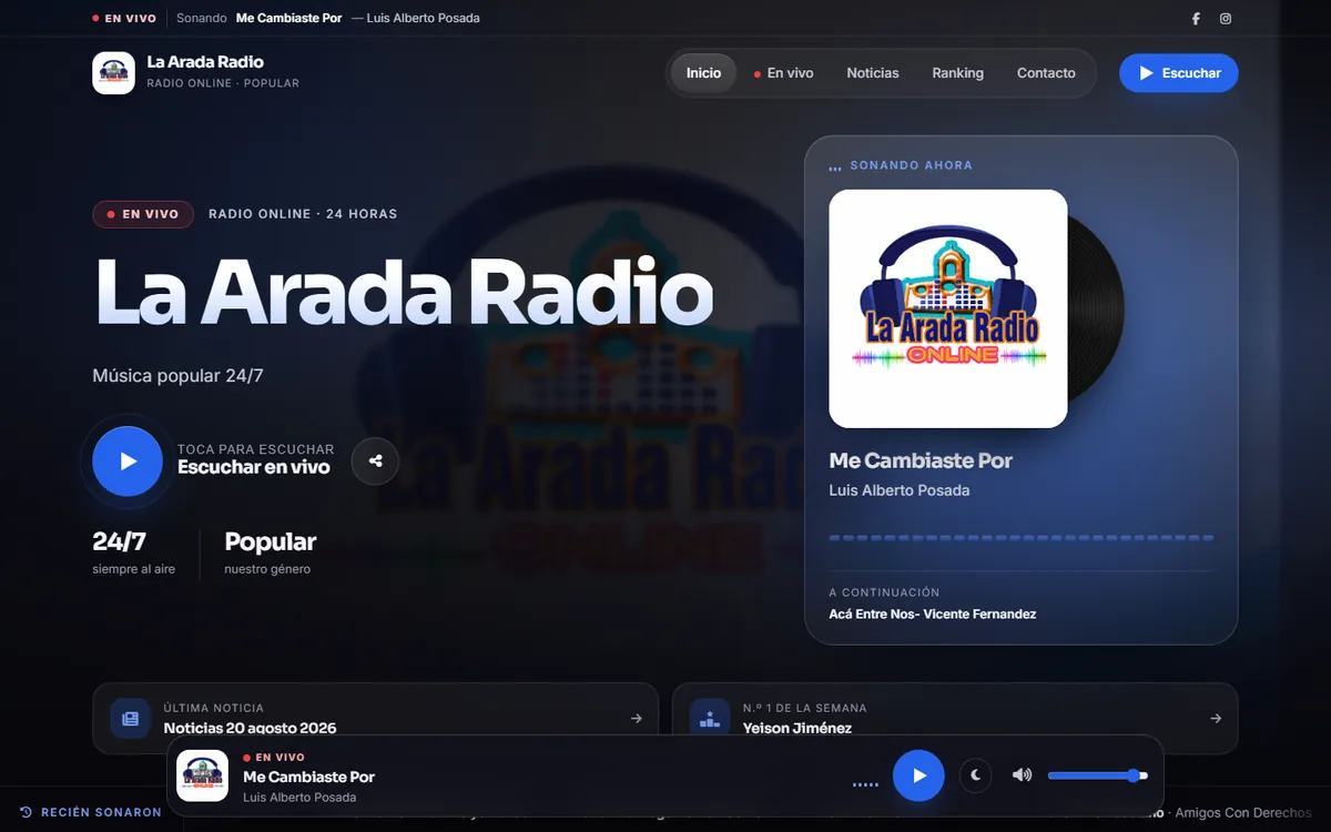 Página web de La Arada Radio en computador