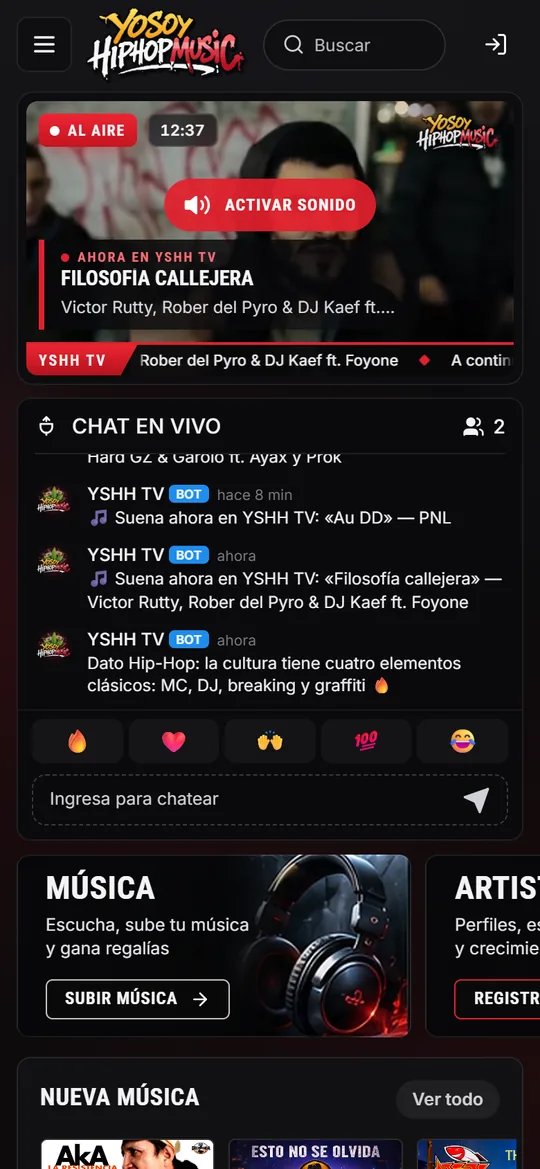 Página de YoSoyHipHopMusic en celular